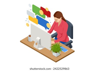 Isometric Customer review or feedback. Mobile payment. User reviews online. Speech bubble, text message, social media comment.