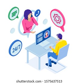 Isometric customer service. Customer and Operator. Customer service agent sitting at the office. Online global technical support 24/7