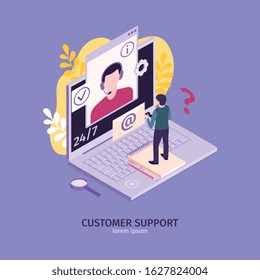 Isometric customer support faq composition with images of laptop computer human and mail envelope with text vector illustration