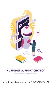 Isometric customer support faq composition with text and human communicating with robot in front of smartphone vector illustration