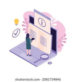 Isometric customer support faq composition with human character and book with info sign and laptop vector illustration