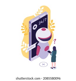 Isometric customer support faq composition with human character and tech agent robot with smartphone vector illustration