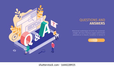 Isometric customer support faq horizontal banner with slider button editable text and smartphone chat bubble images vector illustration