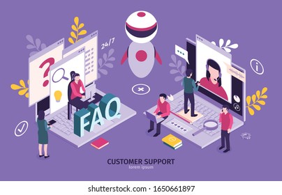 Isometric customer support faq horizontal composition with images of robot laptop computers and small people characters vector illustration