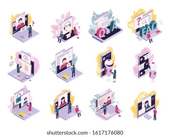Isometric customer support faq set with isolated compositions of computer smartphone images text and human characters vector illustration