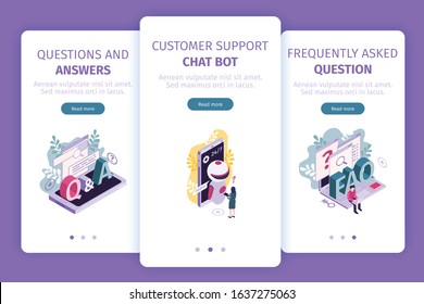 Isometric customer support faq vertical banners set with images clickable page switch buttons and editable text vector illustration