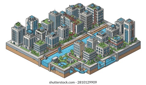 Isometric cutaway diagram of a city layout showing buildings, a central river, and the underground infrastructure for water management.