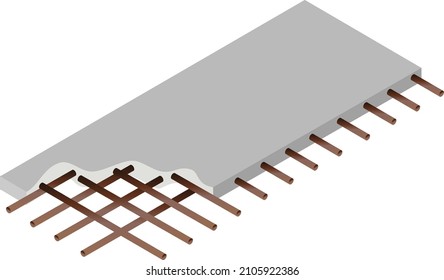 Isometric cutaway illustration of rebar in concrete slab construction