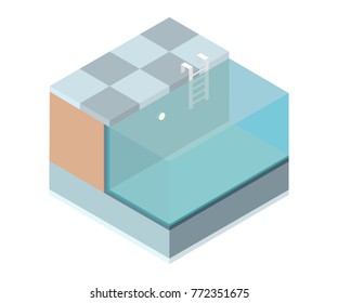 Isometric cutaway swimming pool on white background. Vector illustration.