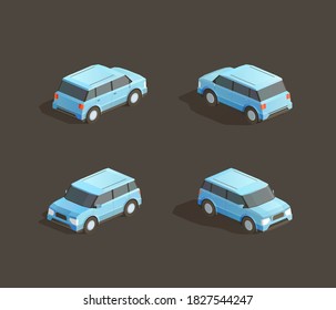 Isometric cute blue MPV. Vector car illustration. Set from different sides