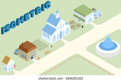 Isometric cute cityscape landscape illustration