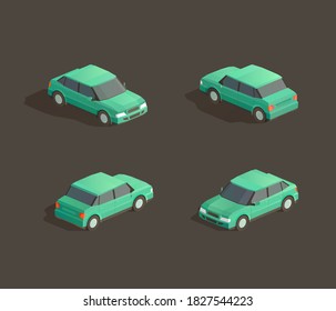 Isometric cute green sedan. Vector car illustration. Set from different sides