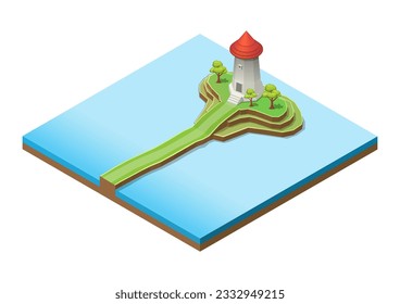 isometric cute lighthouse tower building on island