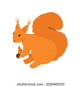 Isometric cute orange squirrel holding nut 3d vector illustration