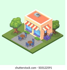 Isometric cute restaurant cafe building with tables, chairs and trees 3D vector illustration eps10