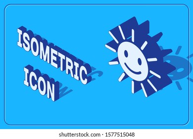 Isometric Cute sun with smile icon isolated on blue background. Funny smiling sun. Happy sunny smile.  Vector Illustration