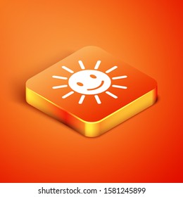 Isometric Cute sun with smile icon isolated on orange background. Funny smiling sun. Happy sunny smile.  Vector Illustration