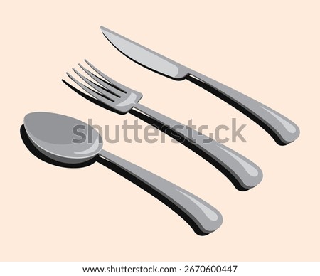 Isometric cutlery set with spoon, fork, and knife. Isometric cutlery. Isometric tableware. Vector illustration