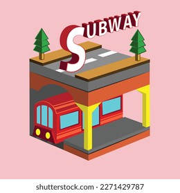 isometric cut-out metro-subway platform illustration with pastel colour