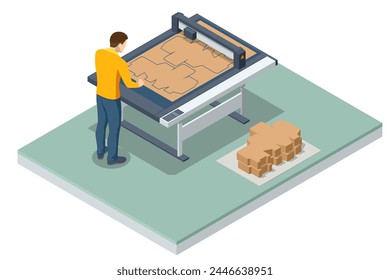 Isometric, Cutter in a printing company. Cutting plotter. Printing house production process facilities equipment. The man is working with laser cutter machine and takes out the finished product