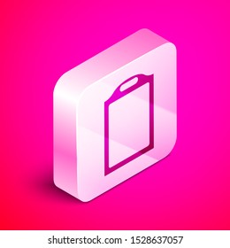 Isometric Cutting board icon isolated on pink background. Chopping Board symbol. Silver square button. Vector Illustration