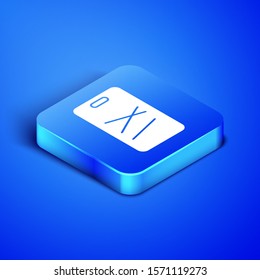Isometric Cutting board icon isolated on blue background. Chopping Board symbol. Blue square button. Vector Illustration