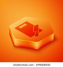 Isometric Cutting board and knife icon isolated on orange background. Chopping Board symbol. Cutlery symbol. Orange hexagon button. Vector