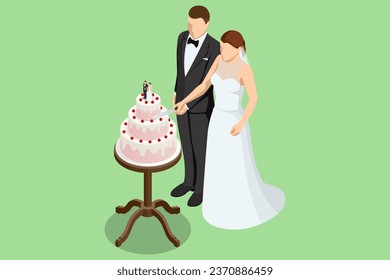 Isometric Cutting of the Wedding Cake. The bride and the groom are cutting their wedding cake at the wedding banquet.