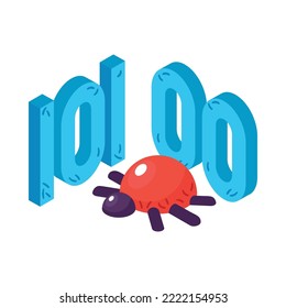Isometric cyber attack hacking concept with 3d red bug vector illustration