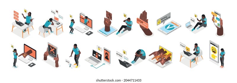 Isometric cyber bullying set with electronic devices bullies and victims of online abuse isolated on white background 3d vector illustration