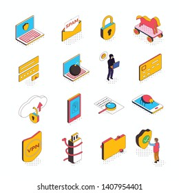 Isometric cyber security collection of sixteen isolated icons with conceptual computer pictograms smart devices and people vector illustration