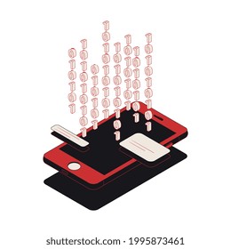 Isometric cyber security concept with 3d image of smartphone and binary code vector illustration