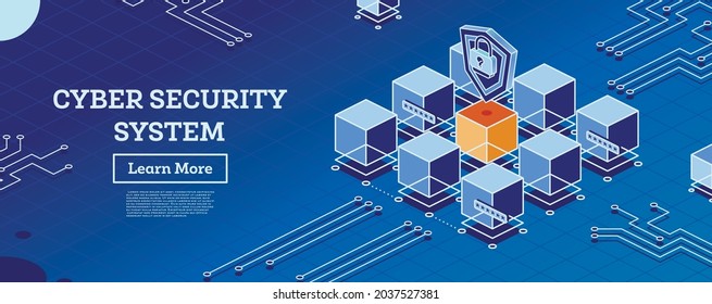 Concepto de ciberseguridad isométrica. Protección de datos. Cubos con líneas en color azul. Ilustración vectorial. Protección de Big Data. Base de datos en la nube.