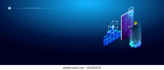 Isometric cyber security concept. Cyber security and privacy. Traffic Encryption, VPN, Privacy Protection Antivirus. Vector illustration