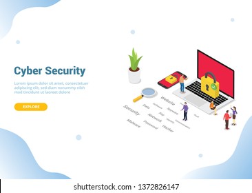 isometric cyber security concept for website template banner landing homepage - vector illustration