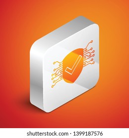 Isometric Cyber security icon isolated on orange background. Shield with check mark sign. Safety concept. Digital data protection. Silver square button. Vector Illustration