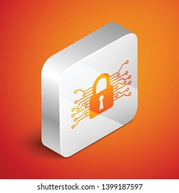 Isometric Cyber security icon isolated on orange background. Closed padlock on digital circuit board. Safety concept. Digital data protection. Silver square button. Vector Illustration