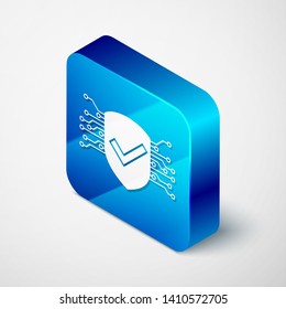Isometric Cyber security icon isolated on white background. Shield with check mark sign. Safety concept. Digital data protection. Blue square button. Vector Illustration