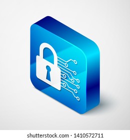 Isometric Cyber security icon isolated on white background. Closed padlock on digital circuit board. Safety concept. Digital data protection. Blue square button. Vector Illustration
