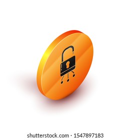 Isometric Cyber security icon isolated on white background. Closed padlock on digital circuit board. Safety concept. Digital data protection. Orange circle button. Vector Illustration