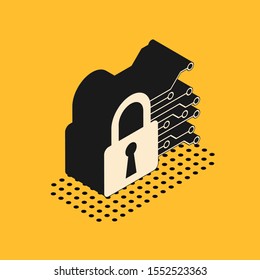 Isometric Cyber security icon isolated on yellow background. Closed padlock on digital circuit board. Safety concept. Digital data protection.  Vector Illustration
