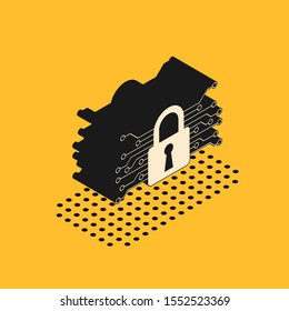 Isometric Cyber security icon isolated on yellow background. Closed padlock on digital circuit board. Safety concept. Digital data protection.  Vector Illustration
