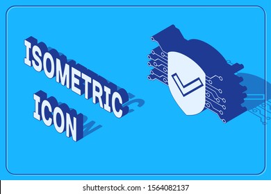 Isometric Cyber security icon isolated on blue background. Shield with check mark sign. Safety concept. Digital data protection.  Vector Illustration