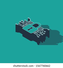 Isometric Cyber security icon isolated on green background. Closed padlock on digital circuit board. Safety concept. Digital data protection.  Vector Illustration
