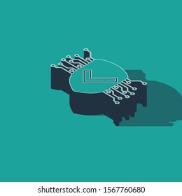 Isometric Cyber security icon isolated on green background. Shield with check mark sign. Safety concept. Digital data protection.  Vector Illustration
