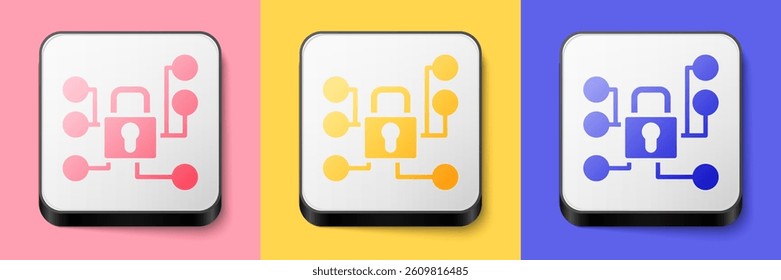Isometric Cyber security icon isolated on pink, yellow and blue background. Closed padlock on digital circuit board. Safety concept. Digital data protection. Square button. Vector