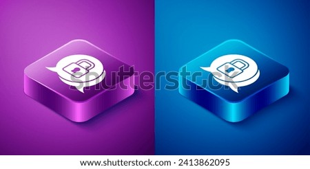 Isometric Cyber security icon isolated on blue and purple background. Closed padlock on digital circuit board. Safety concept. Digital data protection. Square button. Vector