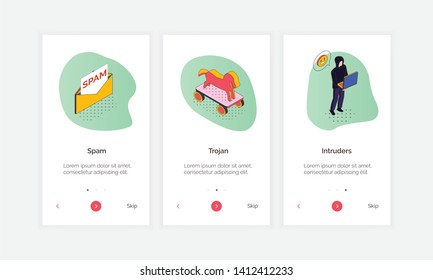 Isometric cyber security vertical banners with editable text clickable buttons and doodle style conceptual pictogram icons vector illustration