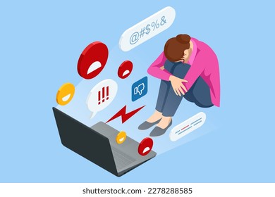 Isometric Cyberbullying or Bad Influence on the Internet. Cyberbullying Victim. Young Woman Crying in Front of Laptop Screen Due to Haters Messages.