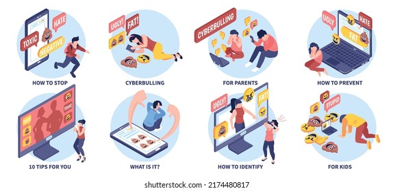 Isometric cyberbullying composition set with online safety and abuse prevention concepts isolated vector illustration